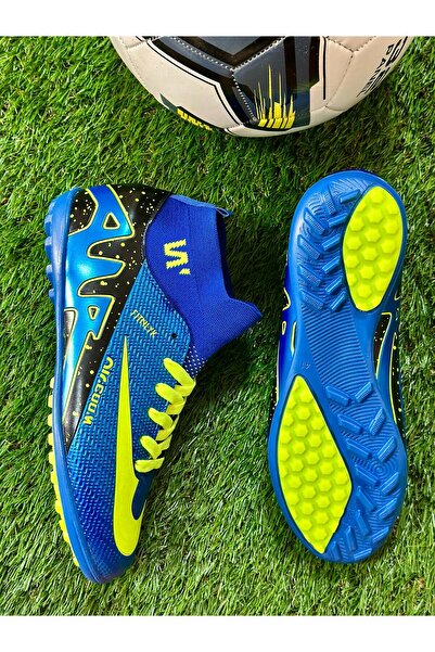 Walked Boğaz Çorap Bilekli Erkek Çocuk Dişsiz Çivisiz Mavi Halı Saha Krampon Futbol Spor Ayakkabı-DAR KALIP