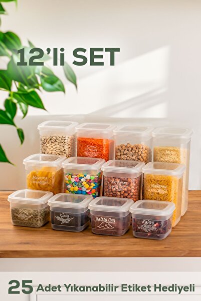 Porsima 433-4 12 li Kare Etiketli Gıda Erzak Baharat Saklama Kabı Seti 4x(0.5...