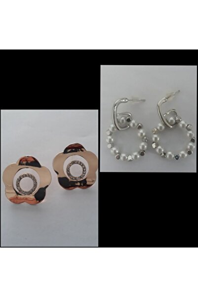 Aksesuar Gold Color Flower and Silver Color Round Stylish Pearl Earrings