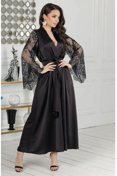 Juwana Ladonna Textile Long Bridal Dress with Lace, Black Wedding Kimono, Lace Sleeves