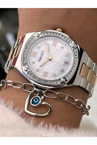 Ferrucci Silver Colored Waterproof Women's Wristwatch and Evil Eye Beaded Bracelet - Steel Cord