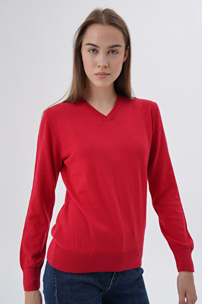 Trist Star Bluză roșie 100% bumbac organic cu decolteu în V, pulover, Trıst-6102