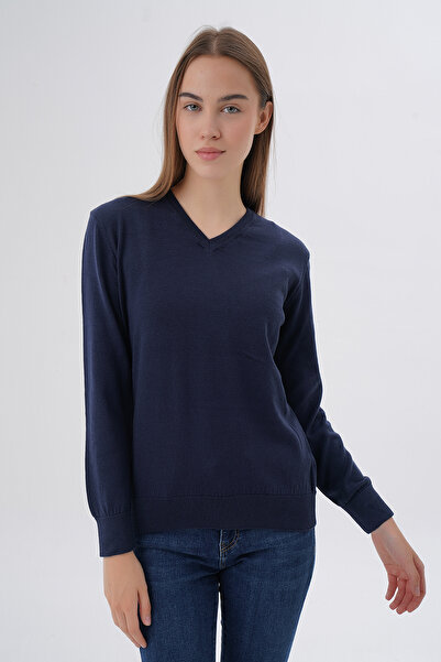 Trist Star Women's Navy Blue 100% Organic Cotton V-Neck Knitwear Sweater Blou...