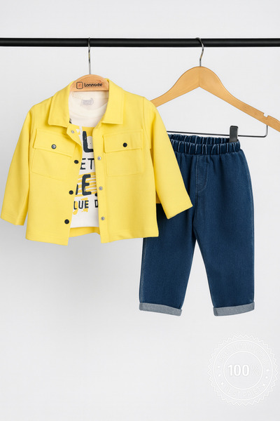 Lamonde Jacketed 3-Piece Denim Pants-Sweatshirt Set 100% Cotton 9-12-18-24 Months
