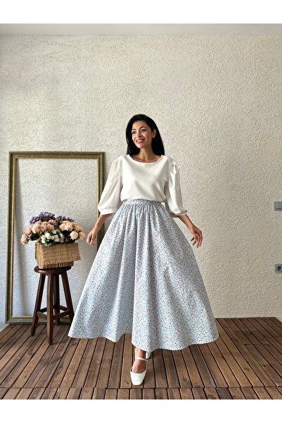 KÜÇÜĞÜM BUTİK Poplin Flared Skirt - Turquoise and Pink Floral Pattern