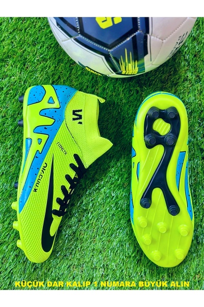 ClassyMen Boğaz Çorap Bilekli Erkek Çocuk Dişli Çivili Sarı Krampon Halı Saha Futbol Spor Ayakkabı-DAR KALIP