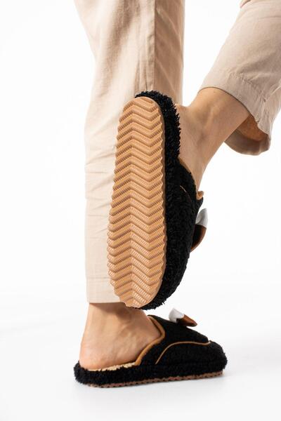 Moda Devrin Черни зимни дамски чехли с папионка