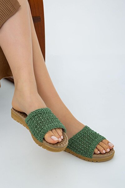 Moda Devrin Green Open Front Straw Knitted Outdoor and Home Slippers