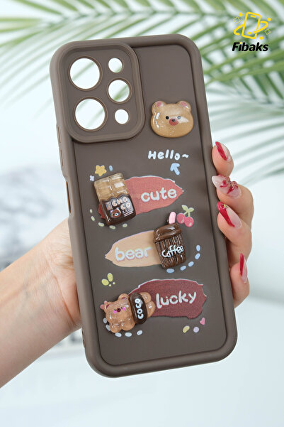 Fibaks حافظة متوافقة مع Redmi 12 4G مصممة بنمط حماية الكاميرا على شكل دمية دب بني اللون غطاء سيليكون ناعم