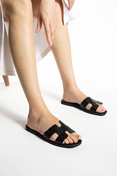 Moda Devrin Черни дамски отворени предни странични чехли Външни и домашни чехли