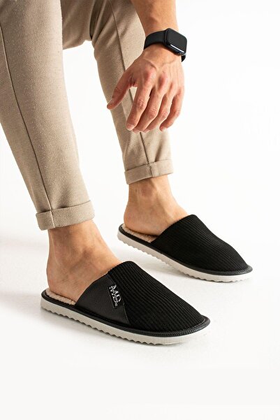 Moda Devrin Unisex Siyah Yarı Deri İçi Yünlü Terlik