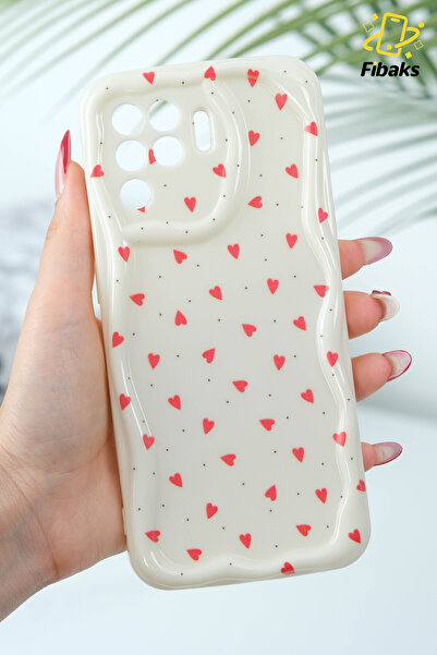 Fibaks Reno 5 Lite Case with Camera Protection Wave Edge Red Heart Pattern Silicone Cover