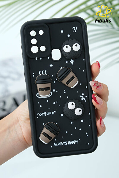 Fibaks Galaxy A21s Kılıf Tasarımlı Desenli Kamera Korumalı Coffee Kurabiye Siyah Yumuşak Silikon Kapak