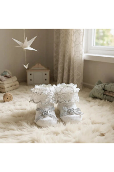 Miniminnix 0-3 أشهر جوارب بيضاء للفتيات الصغيرات مصنوعة من القطن بنسبة 100% م...