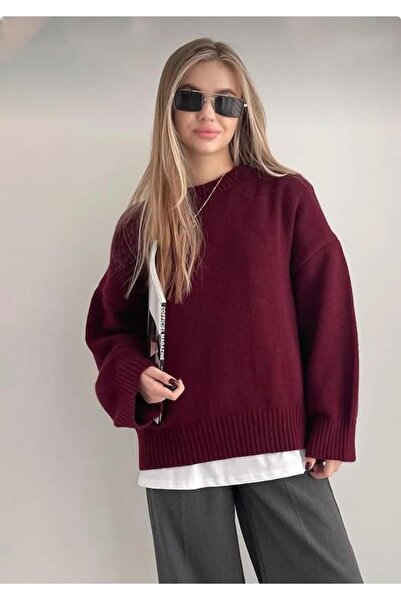 MODASPARK Bordo Bisiklet Yaka Oversize Kadın Triko Kazak