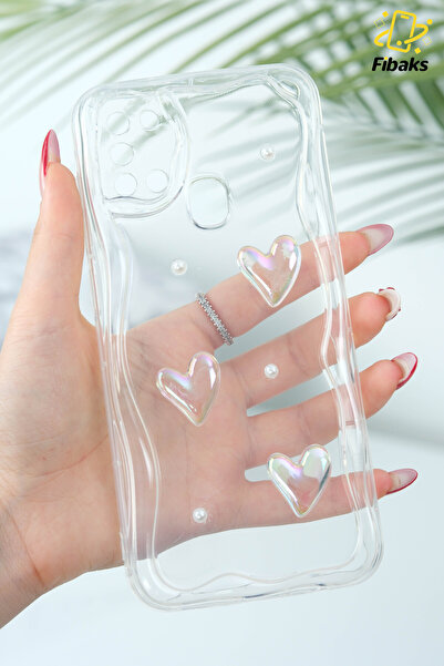 Fibaks Samsung Galaxy A21S Kılıf 3D Kalpli İnci Tasarımlı Desenli Kamera Korumalı Şeffaf Silikon Kapak