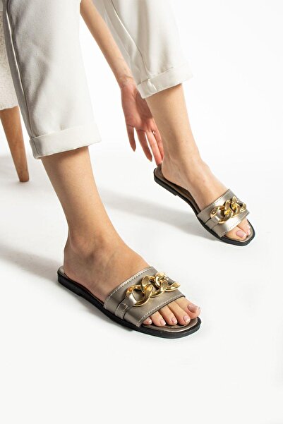 Moda Devrin Platinum Chain Detailed Women's Slippers Outdoor and Home Slippers