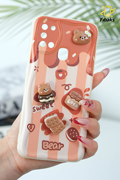 Fibaks Galaxy A21s Uyumlu Kılıf Tasarımlı Desenli Kamera Korumalı Ayıcık Bisküvi Renkli Cofffe Silikon Kap