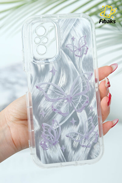 Fibaks Redmi Note 10 - Note 10S Case Plug-In Camera Protected Glossy Hologram Butterfly Pattern Shock Absorbing