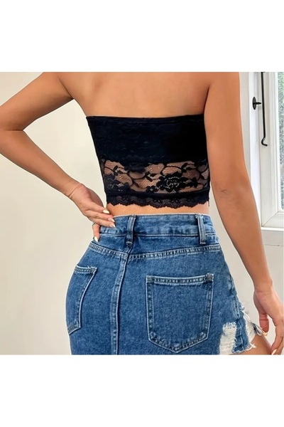 Lacis Dantela neagră Decolteu fără bretele Fusta Triunghi Decupat Crop