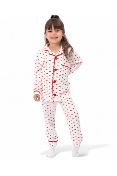 Ege Bebek Girl's Ribbed Heart Printed Seasonal Buttoned Nightgown Top and Bottom Pajama Set L Size 6 Months to 14 Years