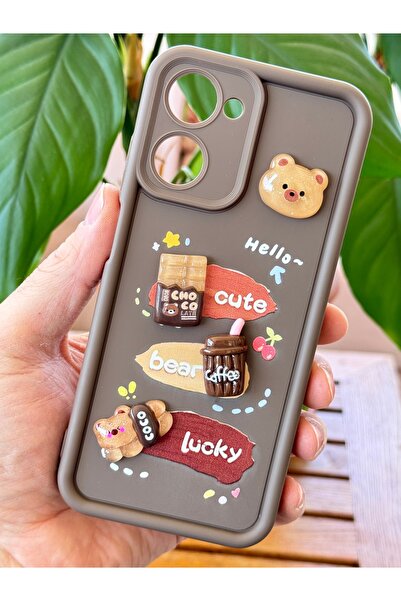 Fibaks Realme 10 4G Case Designed Patterned Camera Protected Teddy Bear Brown Color Soft Silicone Cap