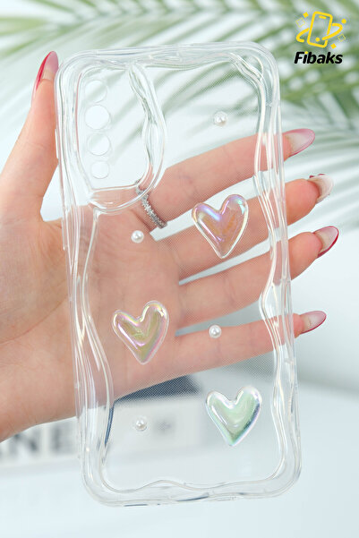 Fibaks Samsung Galaxy A50-A30S Kılıf 3D Kalpli İnci Tasarımlı Desenli Kamera Korumalı Şeffaf Silikon Kapak