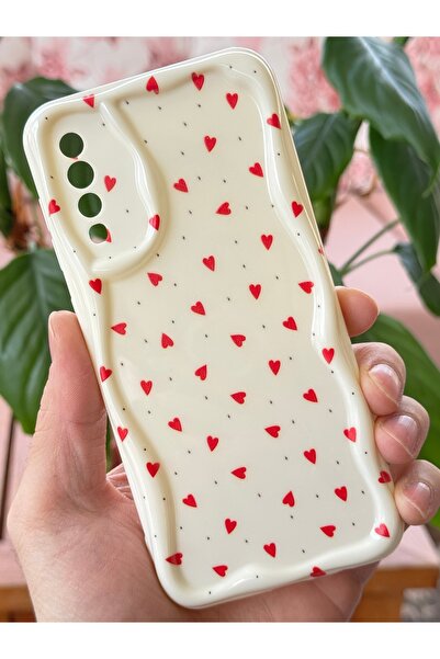 Fibaks Galaxy A50 - A30S Kılıf Kamera Korumalı Dalga Kenarlı Kırmızı Kalp Desenli Silikon Kapak