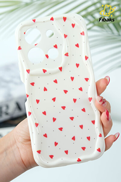 Fibaks Xiaomi Redmi Note 13 Pro 5G Case Camera Protected Red Heart Pattern Silicone Cover with Wave Edge