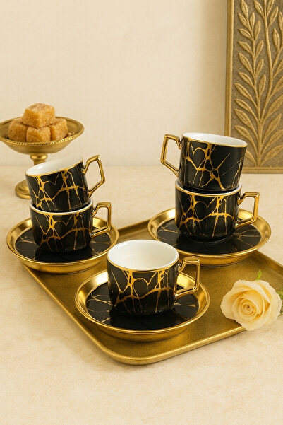 YzHome Black Marble Patterned Porcelain Gilded Coffee Cup Set for 6 People