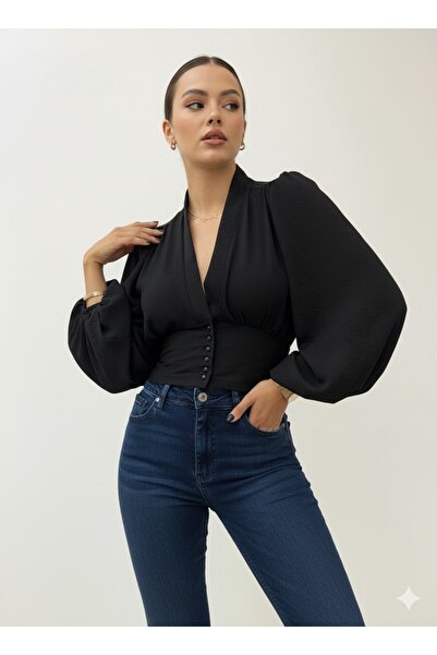 Modamorfo Μπαλόνι μανίκι με κουμπιά και ελαστική πλάτη - Μαύρο