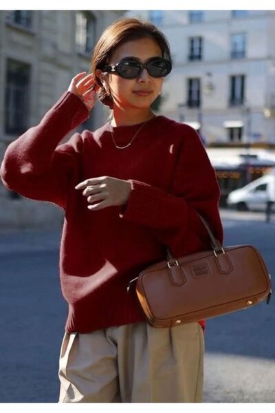 FLEX FASHION Kadın Bisiklet Yaka yumoş BORDO Oversize Triko Kazak