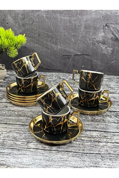 YzHome Black Marble Patterned Porcelain Gilded Coffee Cup Set for 6 People