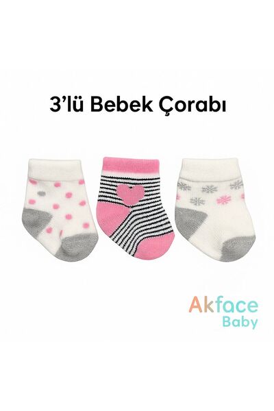 Akface Heart and Polka Dot Patterned Pink Cotton Newborn Baby Socks, Pack of 3