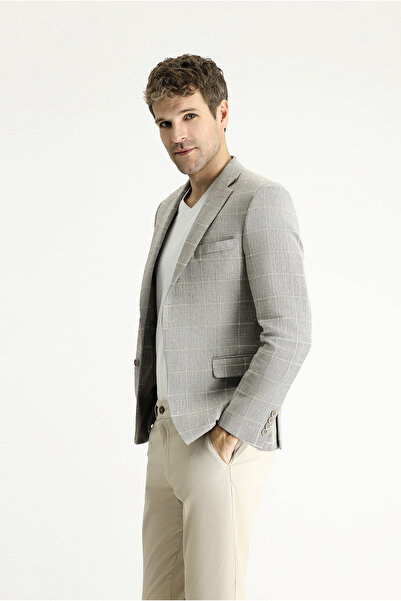 Kiğılı Slim Fit Dar Kesim Klasik Ekose Keten Ceket