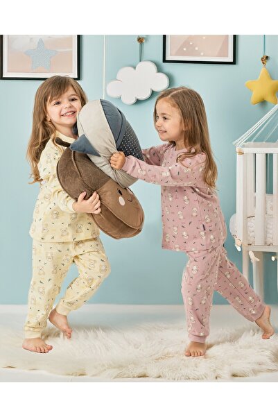 Bebelove Kız Çocuk Ayıcık Baskılı O Yaka Uzun Kol Pijama Takımı