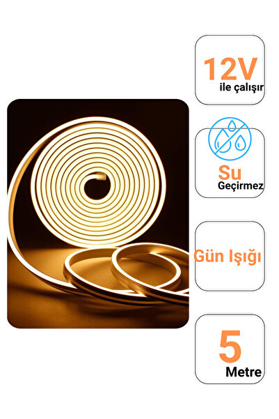 Ema Dükkan 12 Volt 5 Metre Gün Işığı Neon Led Işık Prize Takılmaya Hazır Değil Neon Şerit Led Esnek Silikonlu