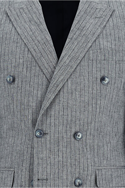 Kiğılı Slim Fit Dar Kesim Kruvaze Çizgili Keten Karışımlı Takım Elbise