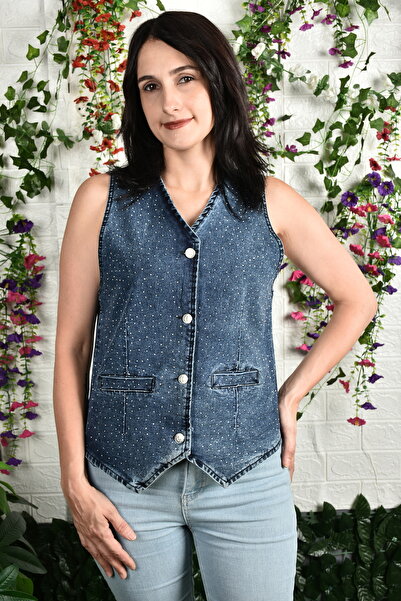 moda caddesi Women's Blue Button Accessory Stone Detailed Denim Vest