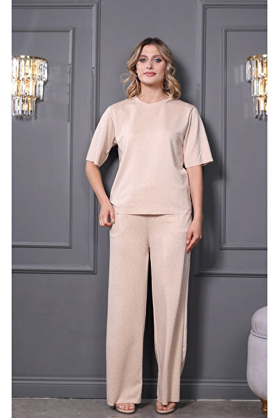 HEDEF DAİSY Costum de damă, culoare bej, sezon nou croi relaxat cu pietre, combinație elegantă și confortabilă din două piese