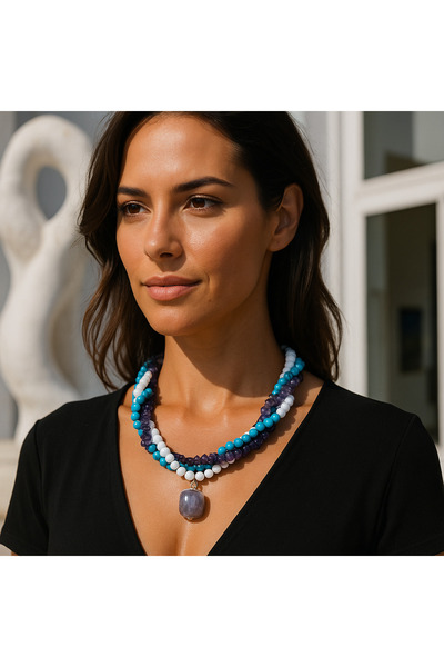 Asteria Elite Ametist Akik Turkuaz 3 Sıralı Kolye Koruma Ve Iletişim Güçlendi...