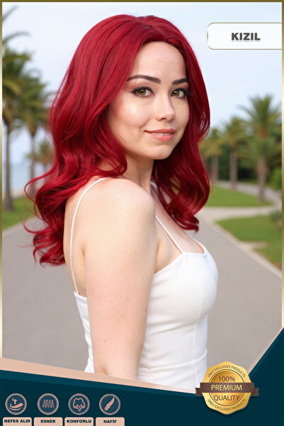 KONAK PERUK Kahkülsüz Fiber Sentetik Orta Boy Dalgalı Peruk - Kızıl