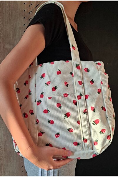 lusi Büyük Boy Çilek Desenli Tote Omuz Çantası