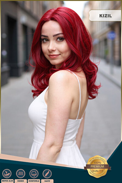 KONAK PERUK Kahkülsüz Fiber Sentetik Orta Boy Dalgalı Peruk - Kızıl