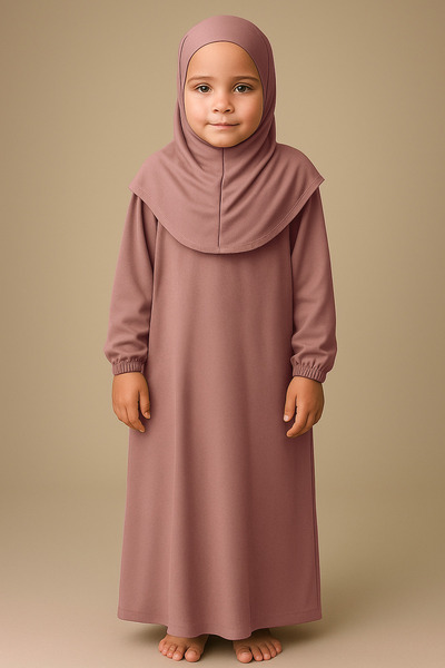 Mesa Charm One Piece Organic Cotton Hijab Plug and Pull Hijab Children's Prayer Dress Dusty Rose