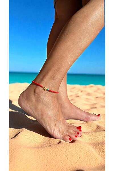 Bensei Takı Dükkanı BENSEİ Pirinç Üzeri Altın Kaplama Deniz Yıldızı, Miyuki ve Turkuaz Boncuklu , Çelik Zincirli Halhal