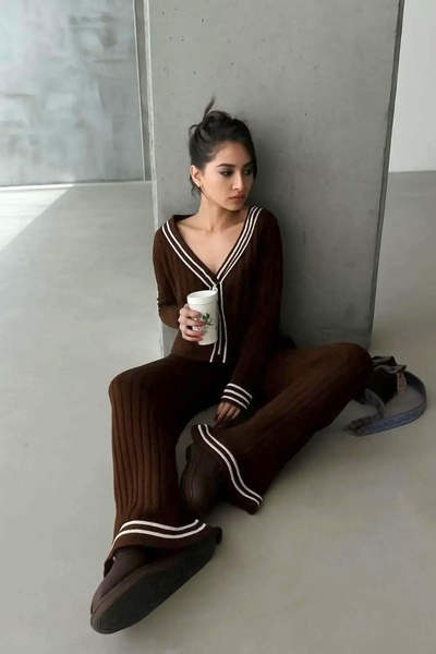 Lusin Women's Brown Gold Button Detailed Striped Pocketed Cardigan Trouser Bottom Top Double Knitwear Set