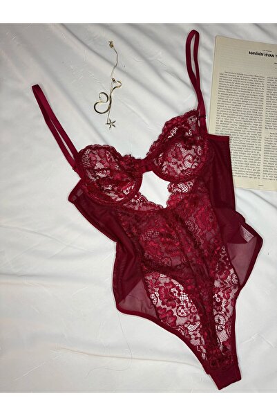 ROZENİN LINGERIE Μπορντό δαντέλα Underwire Capless διαφανές κορμάκι με κουμπωτά στο κάτω μέρος