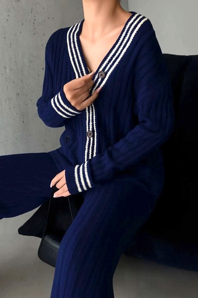 Lusin Women's Navy Blue Gold Button Detailed Striped Pocketed Cardigan Trouser Bottom Top Double Knitwear Set