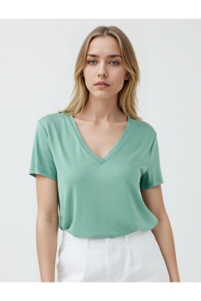 Jimmy Key Πράσινο κοντομάνικο πλεκτό μπλουζάκι Modal με λαιμόκοψη V